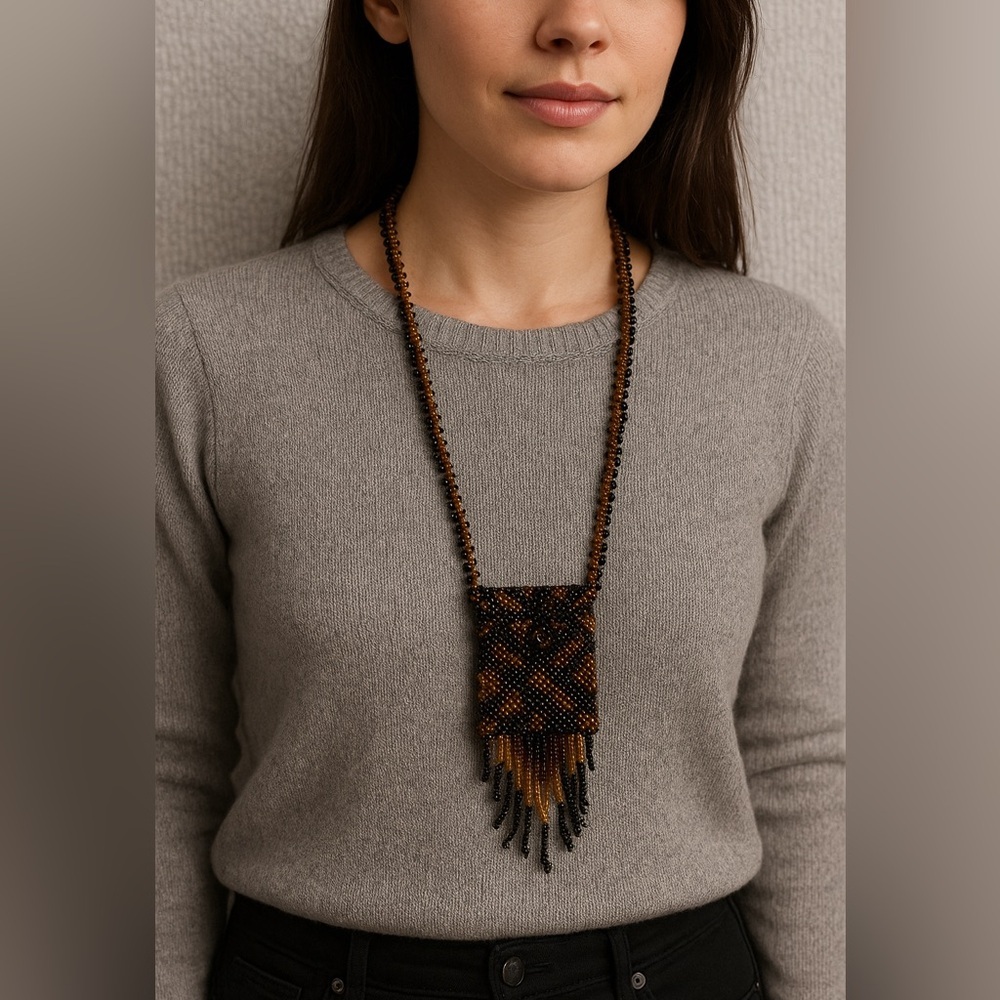 Elegant Handmade Beaded Necklace Purse – Brown Tribal Seed Beads